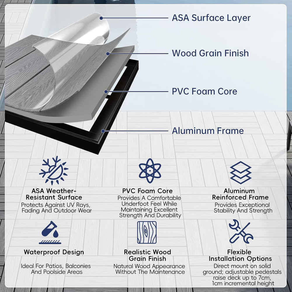 Modular Outdoor Flooring System, 22.6 x 22.6 in Raised Deck Platform, ASA Wea...