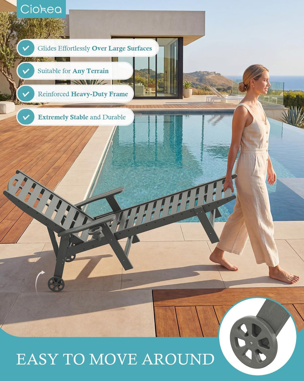 Ciokea Outdoor Chaise Lounge Chair, 5-Position Adjustable, Grey