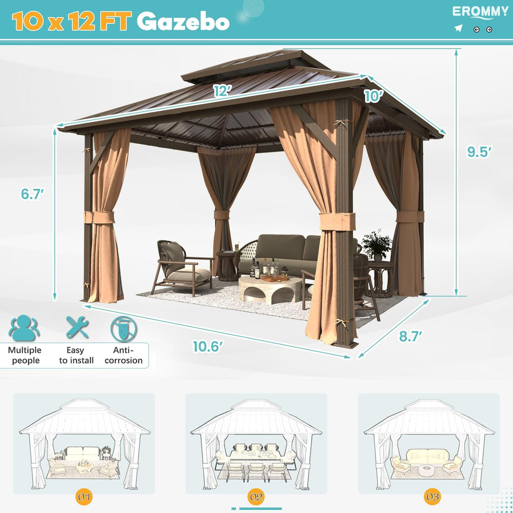 EROMMY 10' x 12' Hardtop Gazebo, Aluminum Frame Gazebos with Galvaniz...