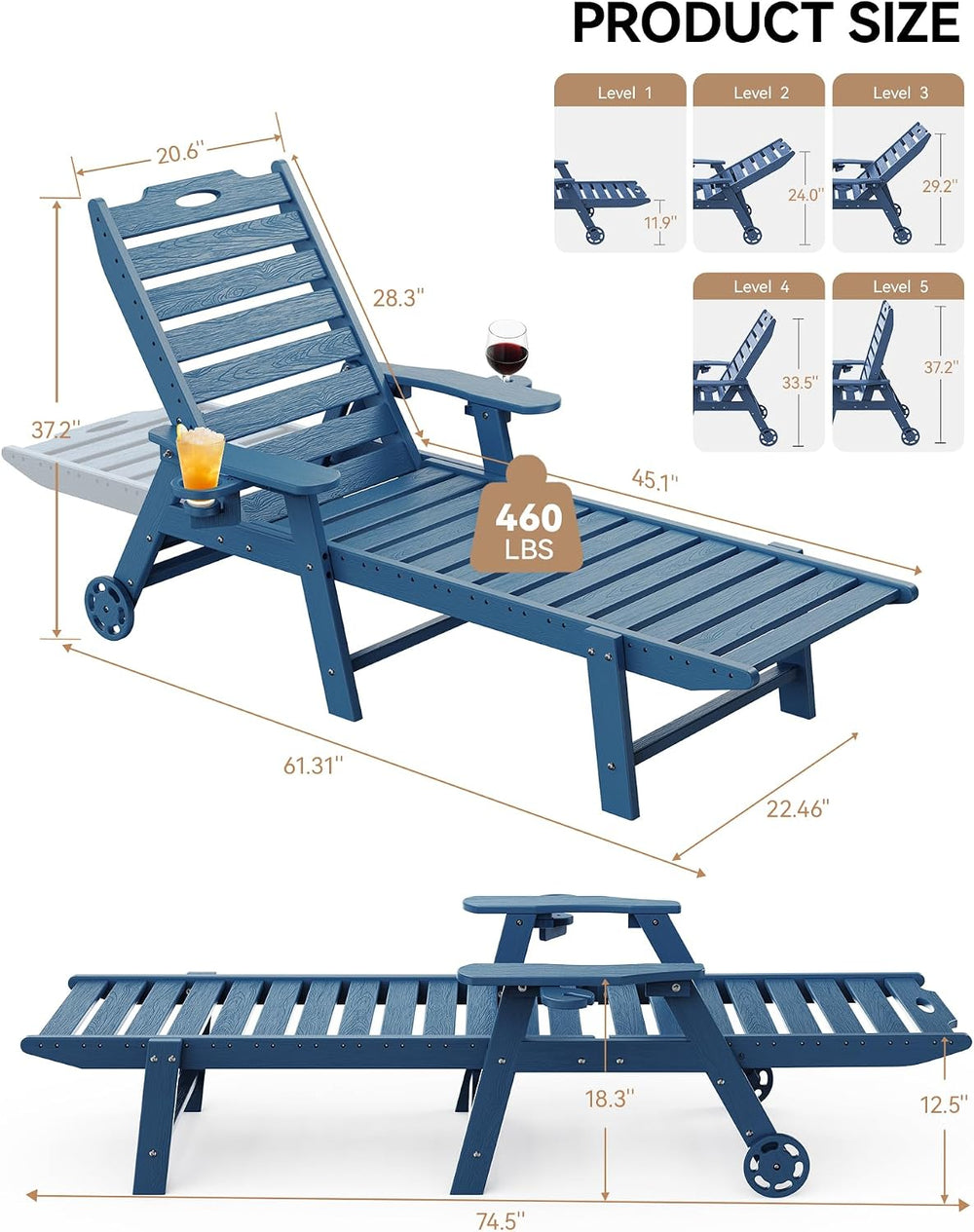 Carauci Lounge Chair Outdoor, HDPE Chaise Lounge with Wheels, 5-Position Adju...