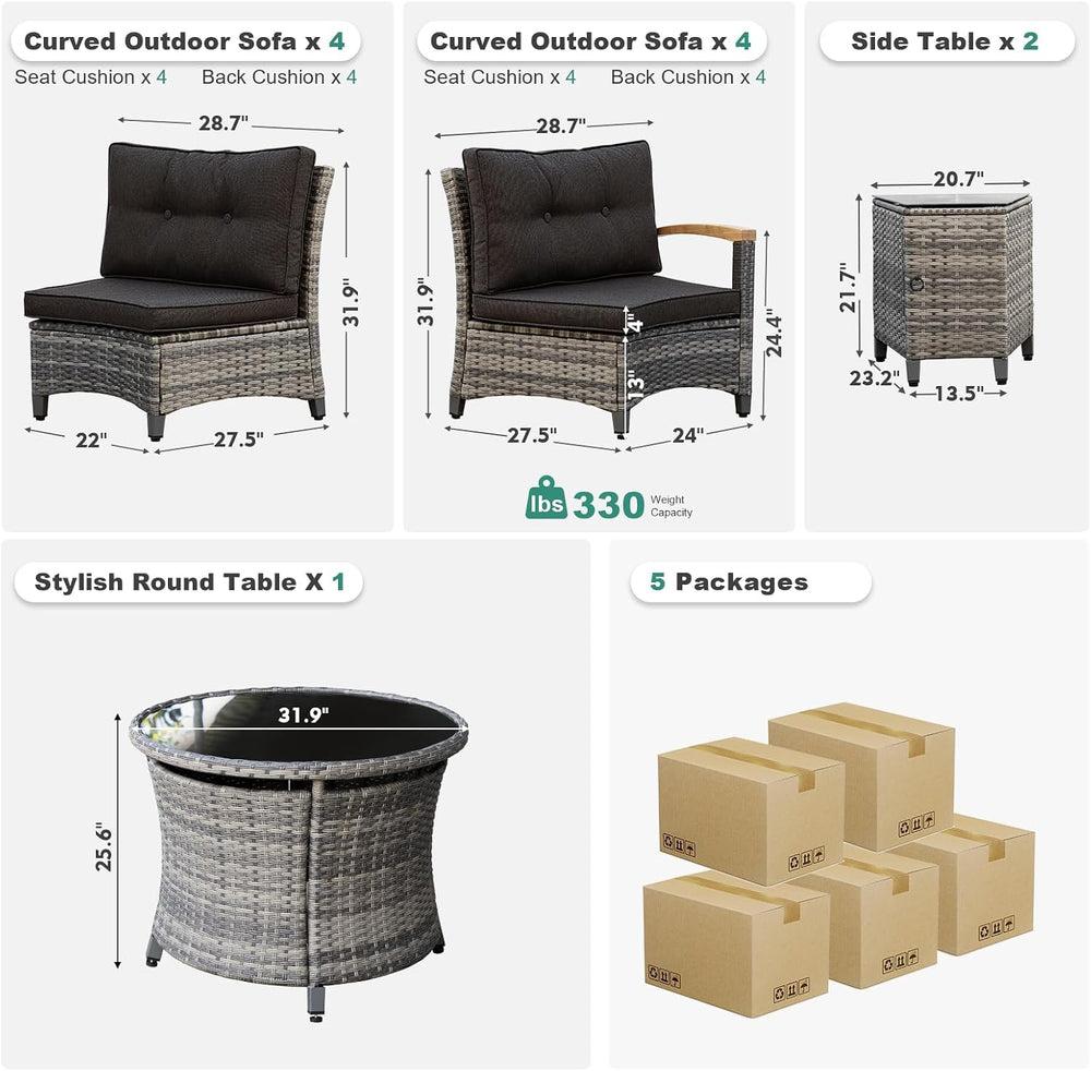 MEISSALIVVE 11-Piece Half-Moon Curved Outdoor Patio Furniture Set, Sectional ...