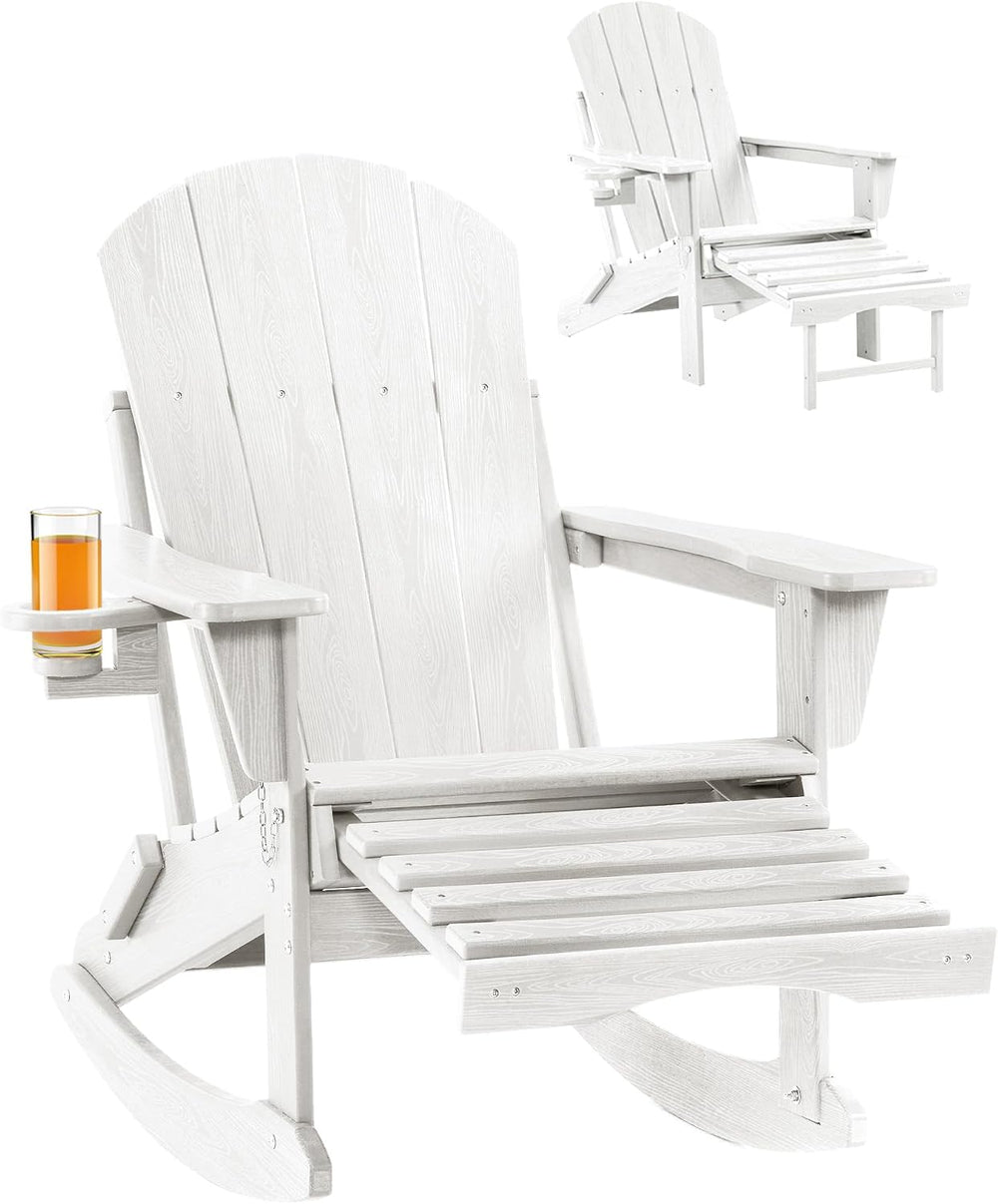 Adirondack Rocking Chair with Retractable Ottoman and Cup Holders, HDPE Adiro...