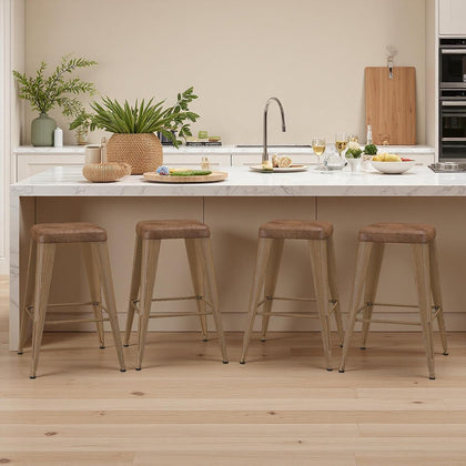 Bar Stools Set of 4, 24" Counter Height Bar Stools Backless, Upholstered Bar Stools with Metal Legs for Kitchen Island, Study Room, Cafe, Walnut
