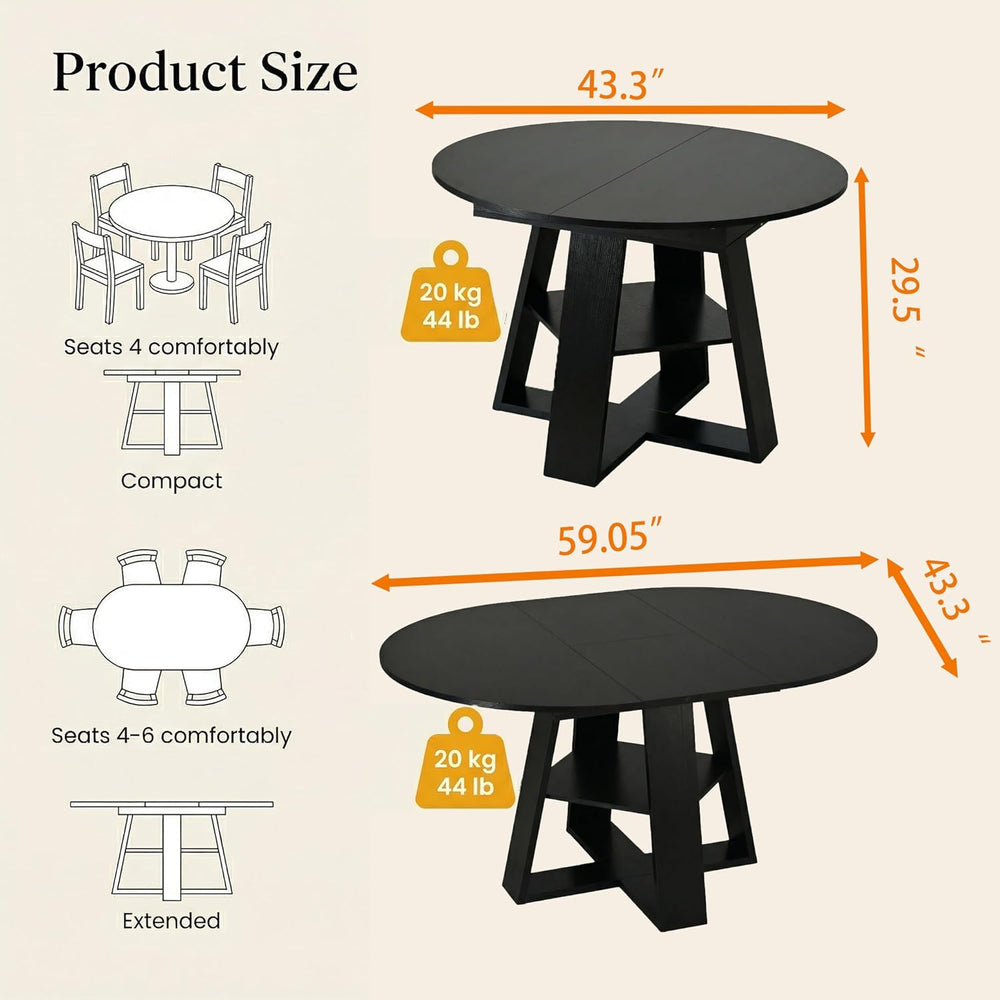 5 Piece Round Extendable Dining Table Set for 4, 43"-59" Black Wood...