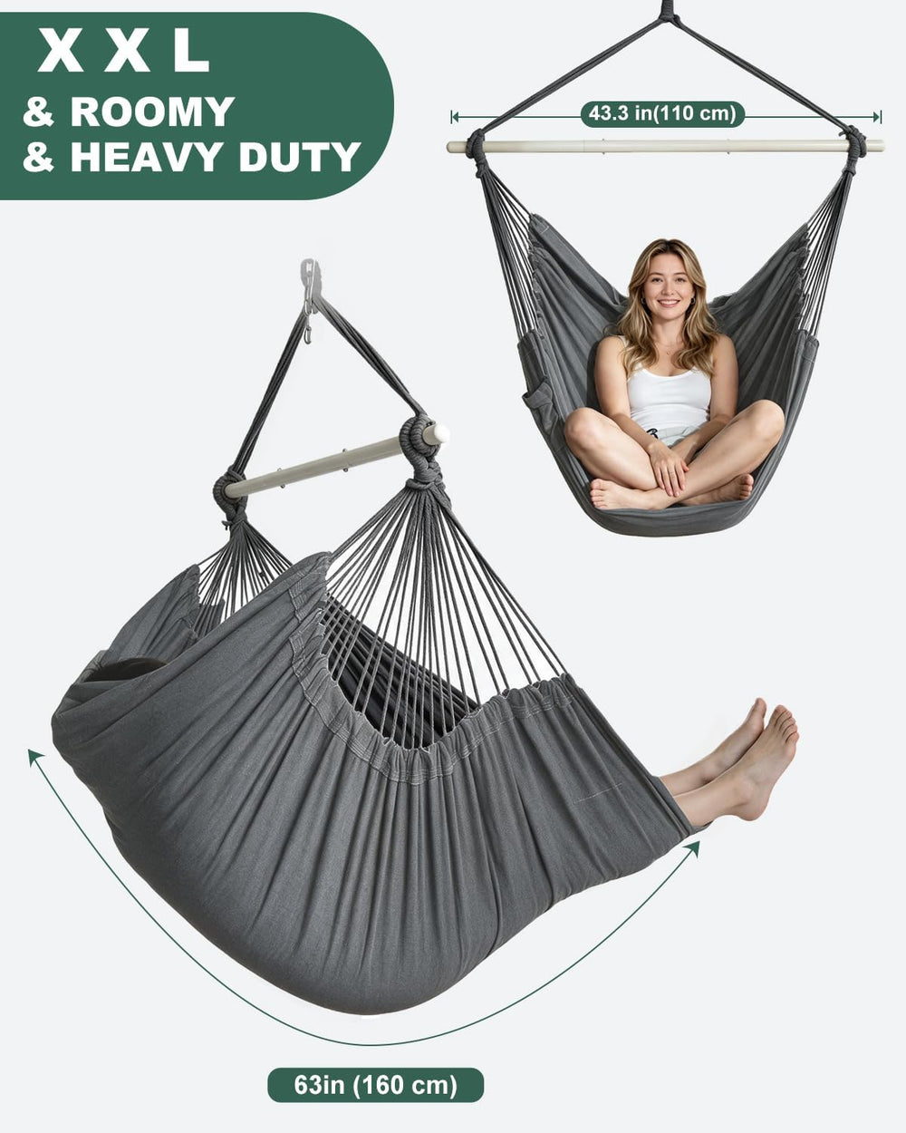 Lulladle Hammock Chair XXL with 2 Cushions, 500 lbs, All Hardware Included