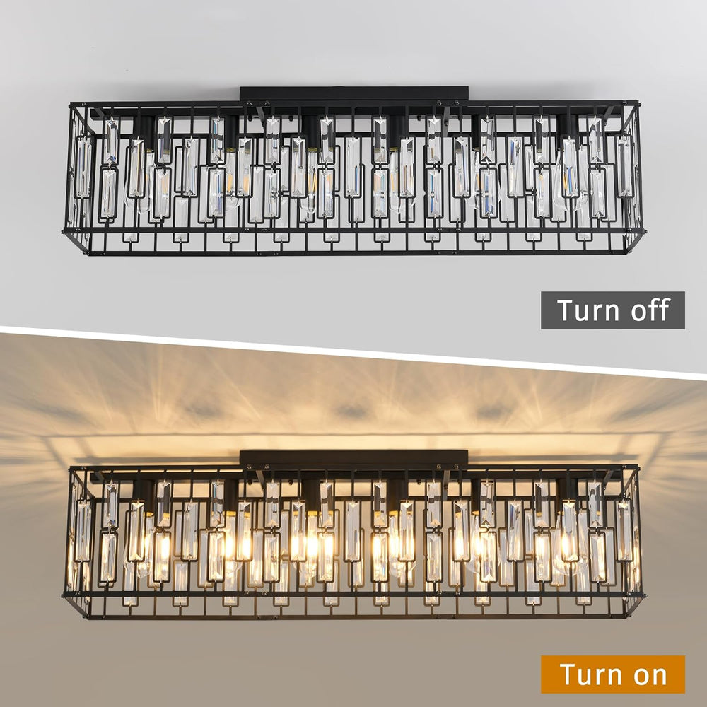 Garwarm 38.7 Inch Crystal Chandelier, 6-Light Black Rectangle Ceiling Light