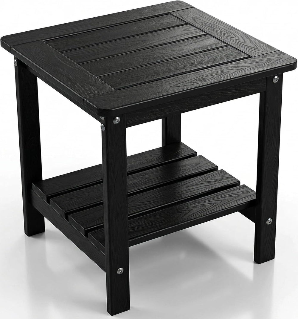 Outdoor Side Table, 2-Tier HDPE Small Patio Table, Black