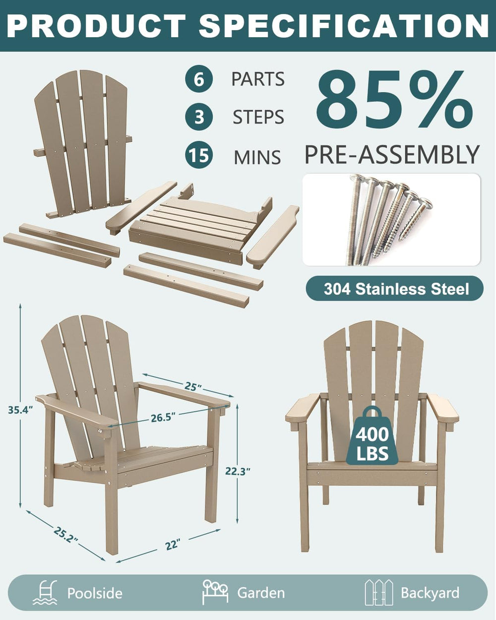 Adirondack Chair, All Weather HDPE Fire Pit Chairs, Oversized Plastic Adirond...
