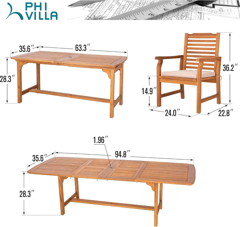 PHI VILLA 9pc Outdoor Dining Set, Expandable Wood Table w/Umbrella Hole