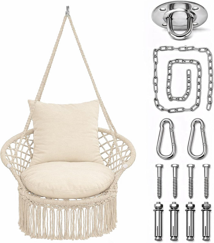 Athena Collection Macrame Hammock Chair with Mounting Hardware Kit, Beige