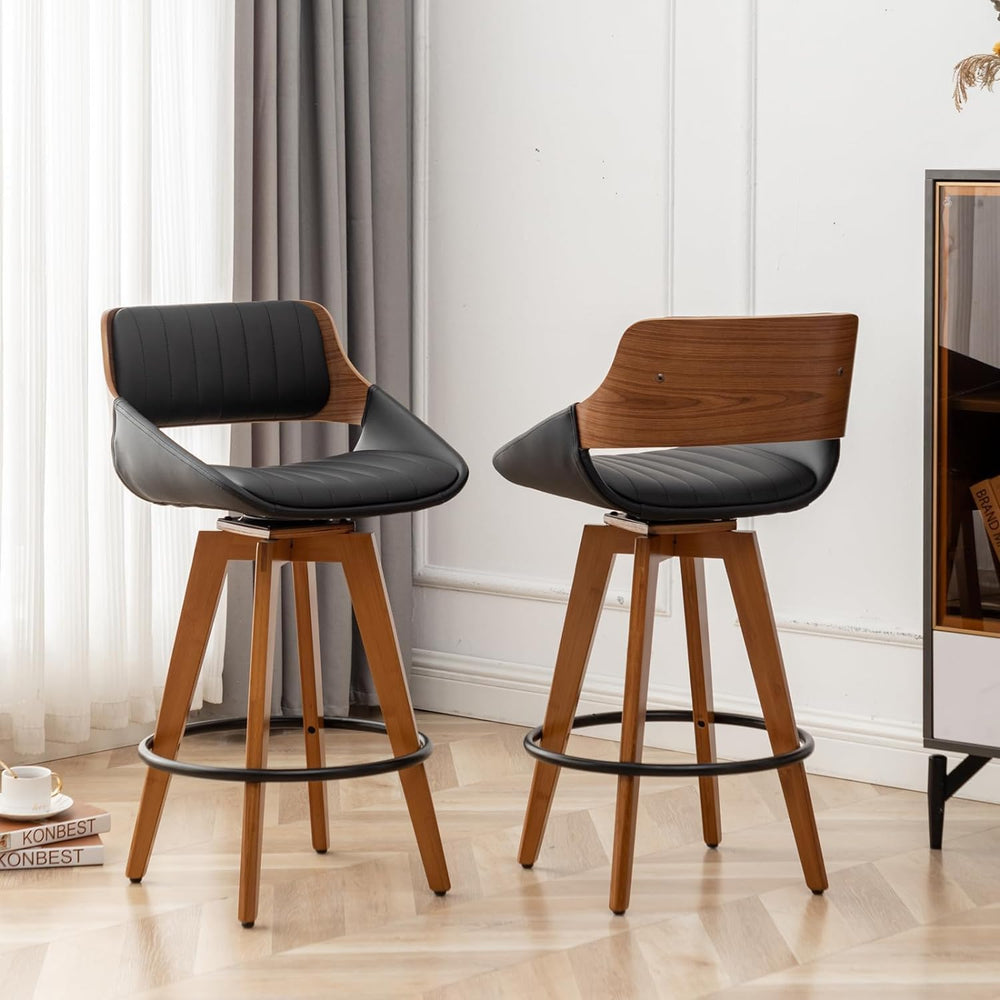 LUNLING Swivel Bar Stools,Mid Century Modern Black Faux Leather Upholstered C...