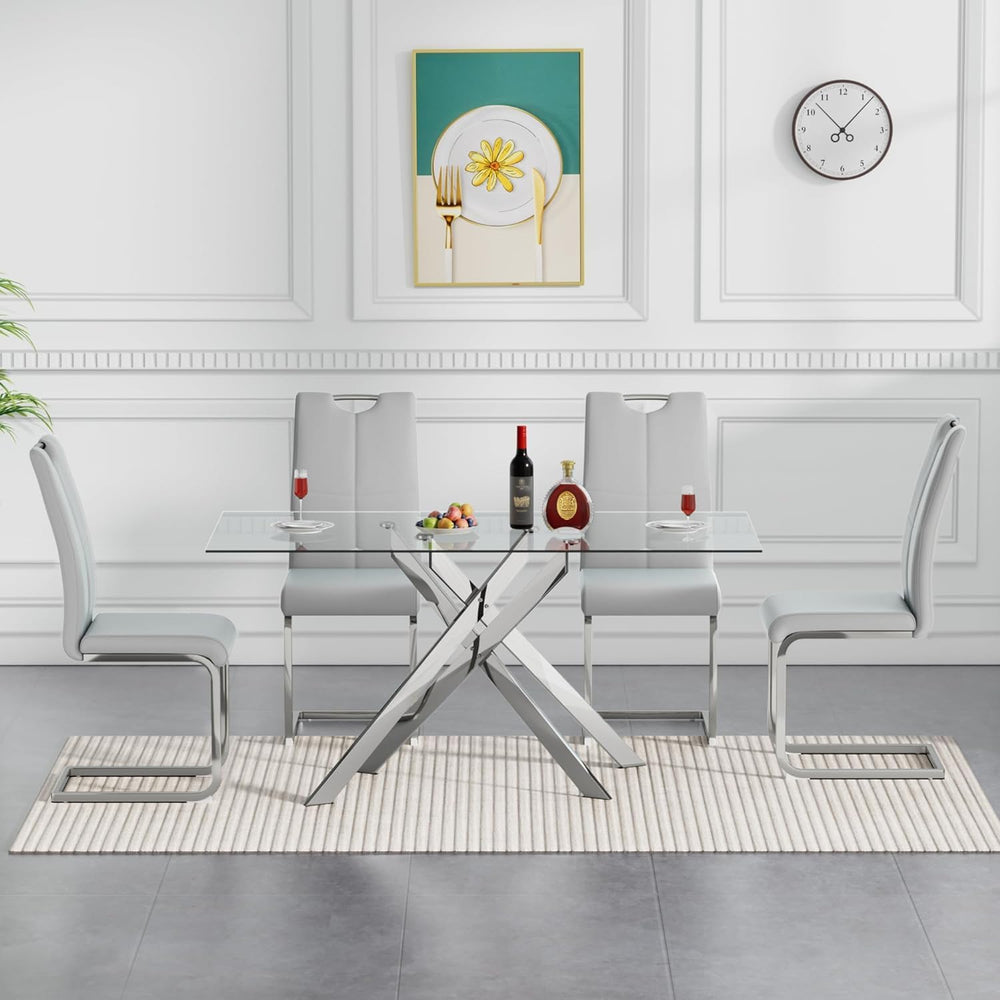 5 Piece Modern Dining Table Set of 4, 51" Tempered Glass Rectangle Dinin...