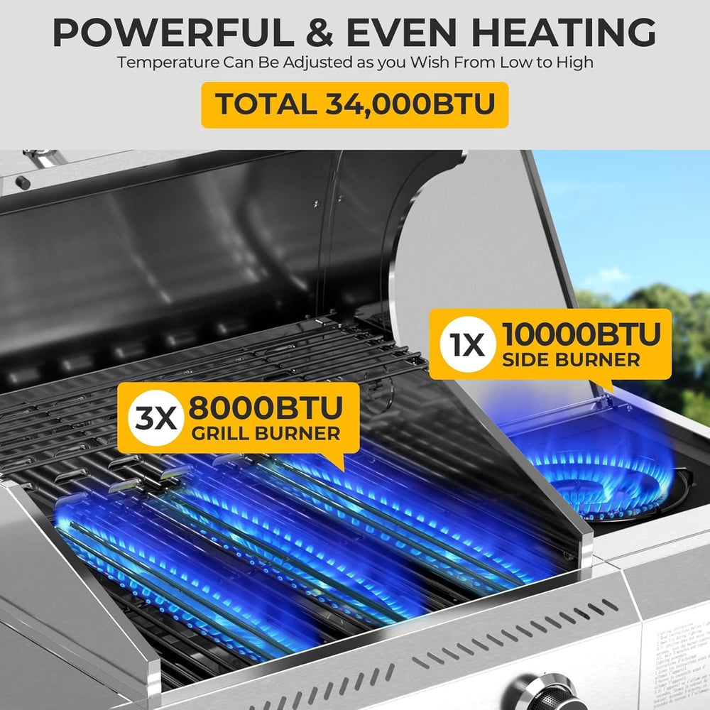 Electactic 3-Burner Propane Gas Grill with Side Burner, 34,000 BTU Stainless ...