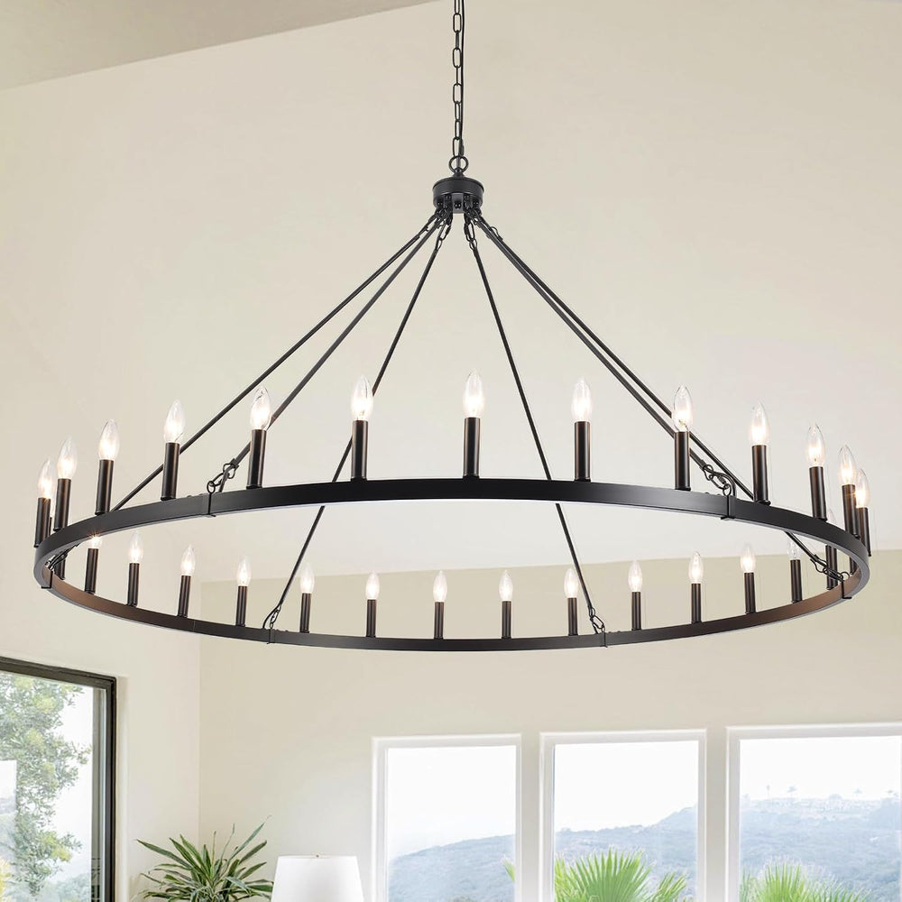 30 Lights Black Extra Large Wagon Wheel Chandelier, 60 Inch Farmhouse Industr...