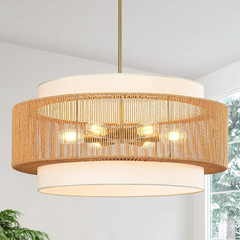 25.6" Rattan Chandelier for Dining Room, 6-Light Boho Pendant Light