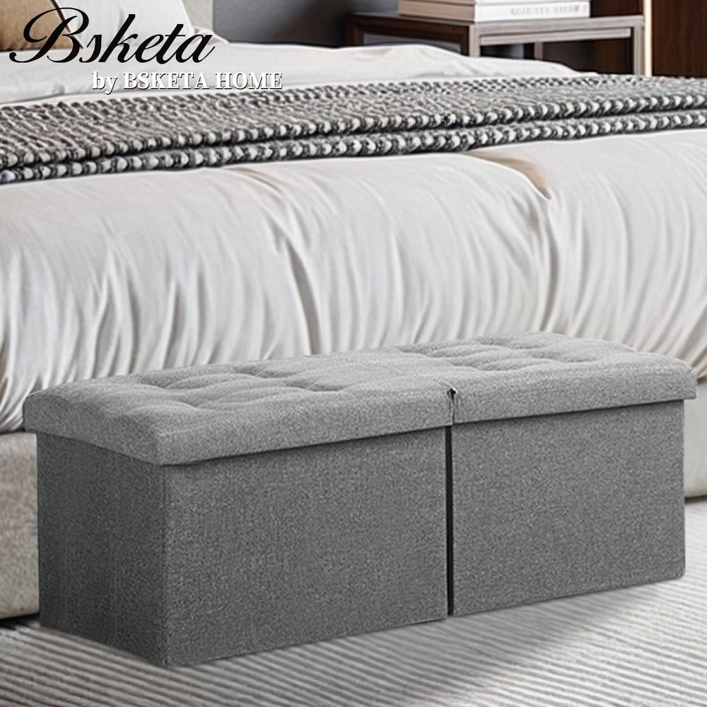 Bsketa Storage Ottoman Bench, 34" Folding Linen Foot Rest Stool, Dark Gray