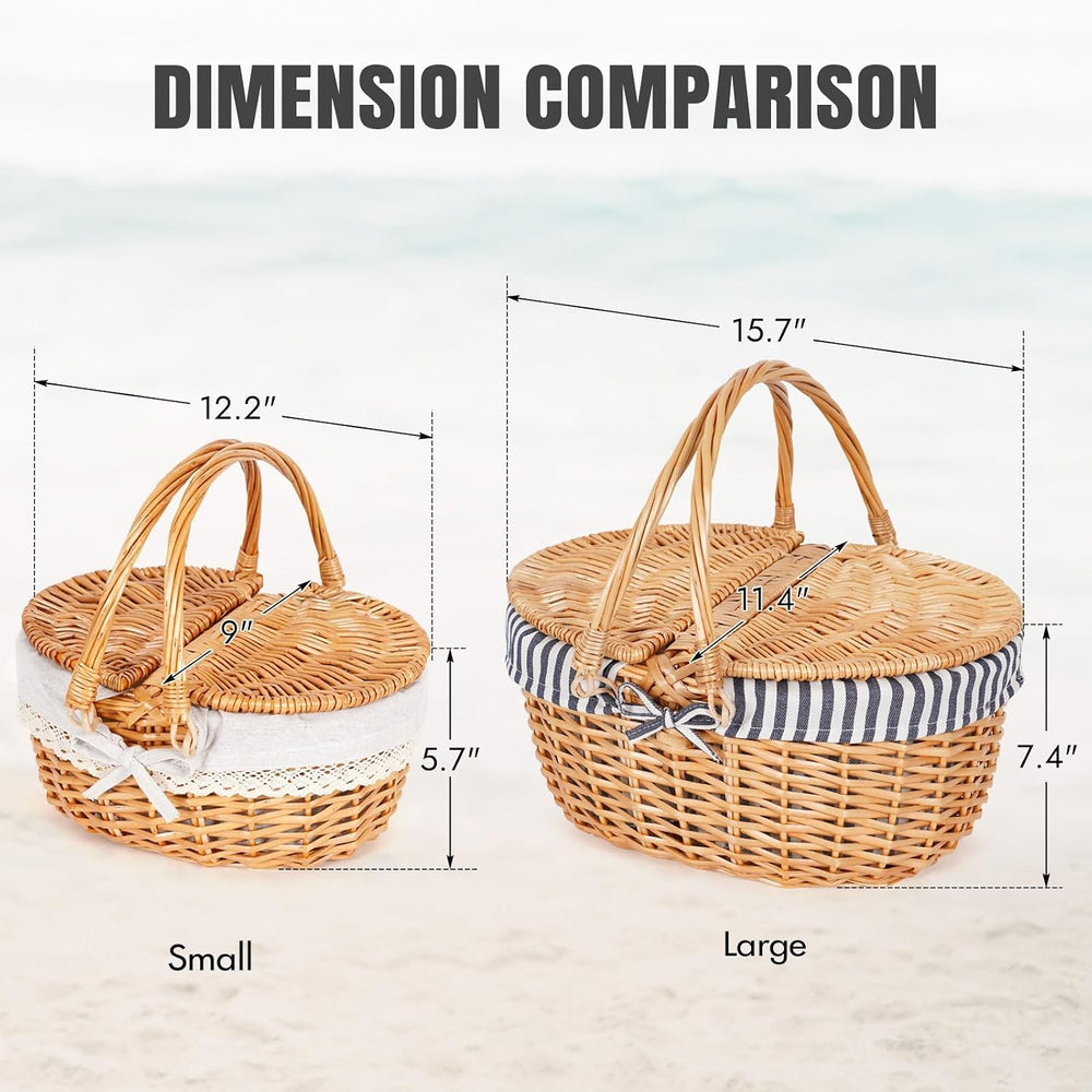 HappyPicnic Wicker Picnic Basket with Handle & Lid, 15" Vintage Hand...