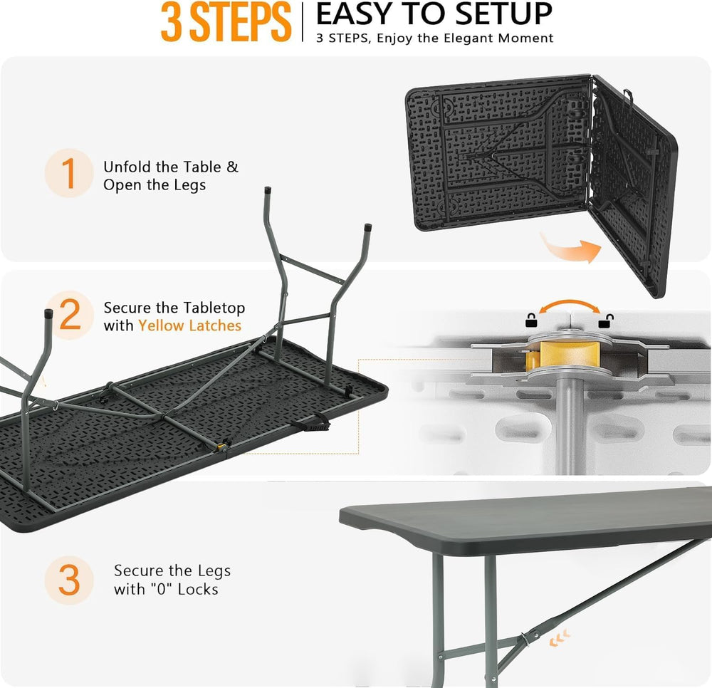 6FT Folding Table, Black Portable HDPE Utility Table with Carry Handle
