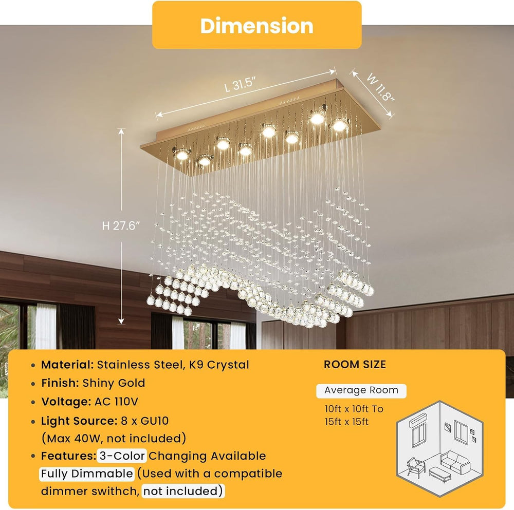 Siljoy Rectangular Gold Crystal Chandelier for Dining Room, 8-Light Modern Wa...