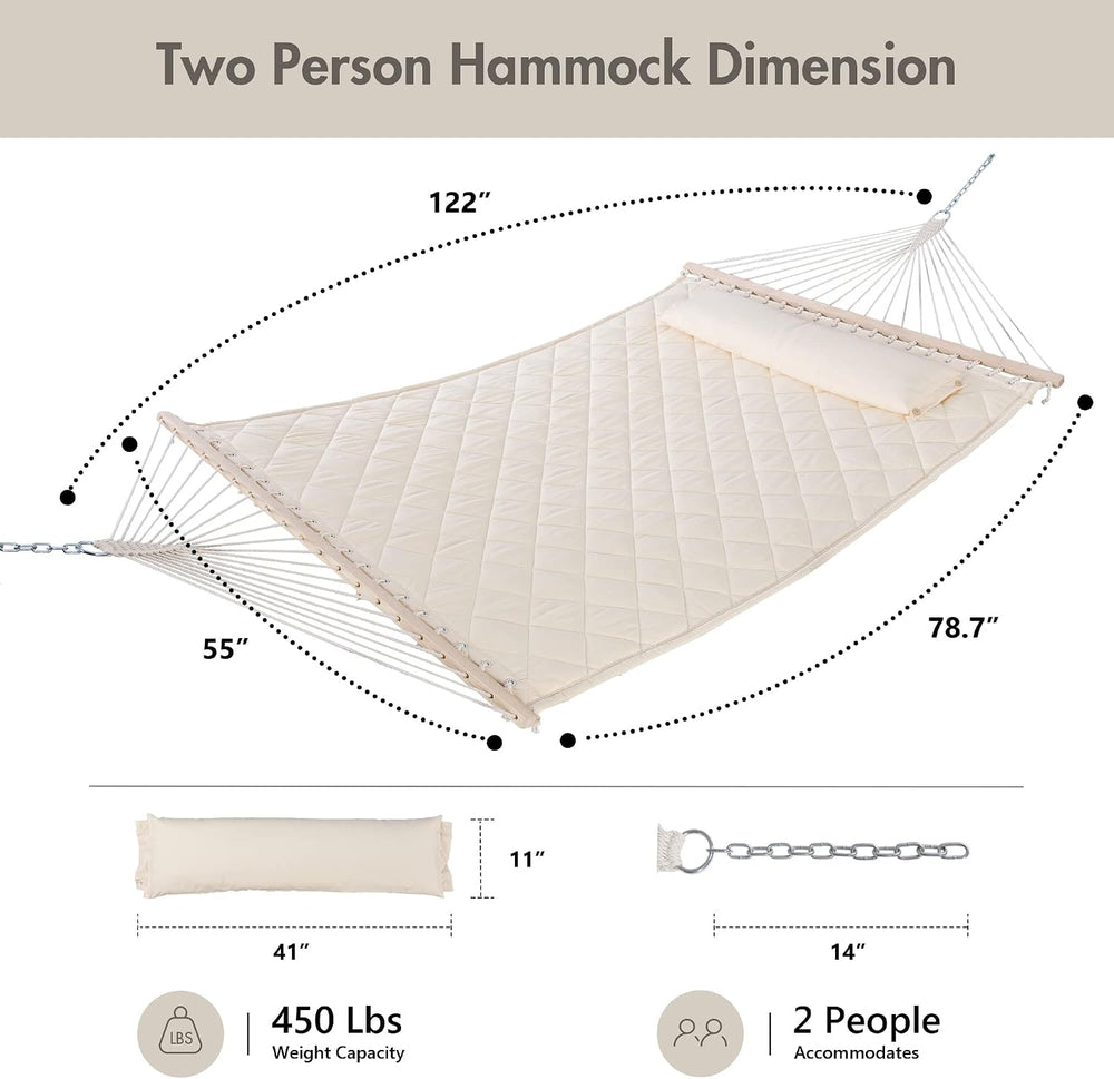 ANOW Heavy Duty Hammock with Spreader Bars and Detachable Pillow, Cream