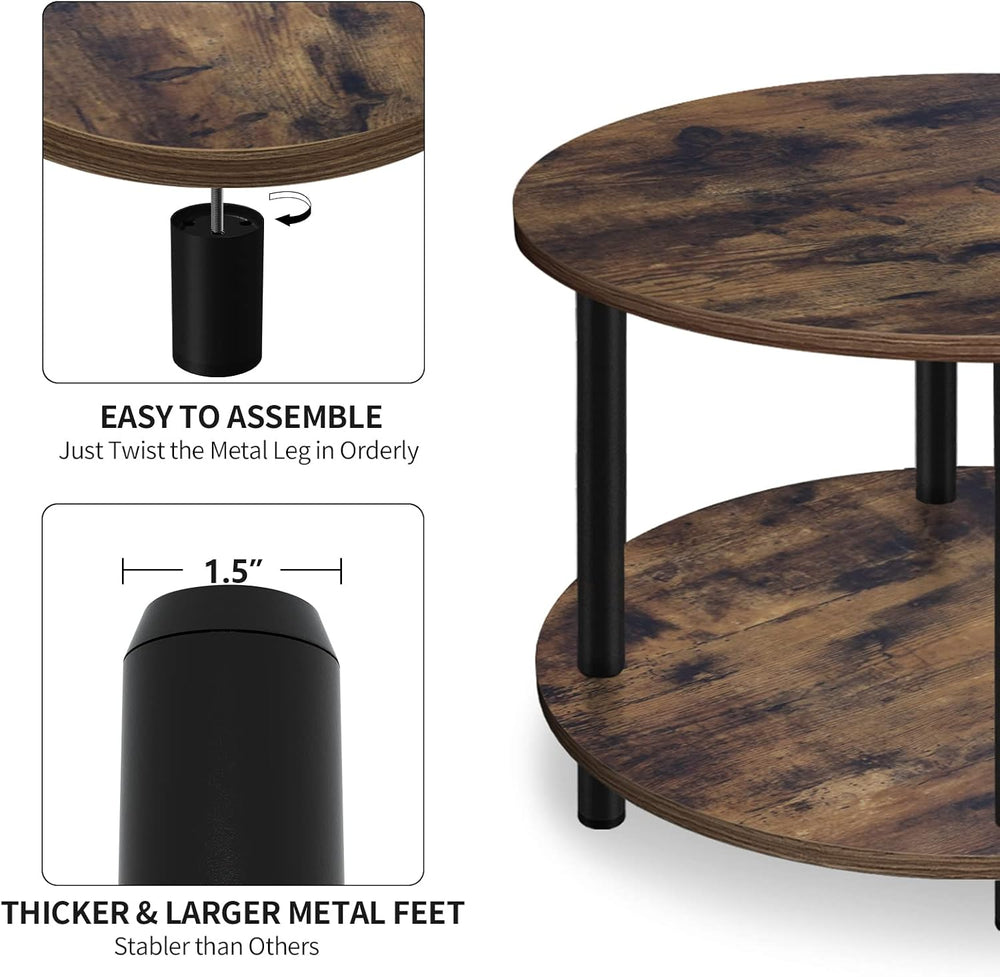 Small Round Coffee Table for Small Space, 23.5" 2-Tier Rustic Brown Wood...