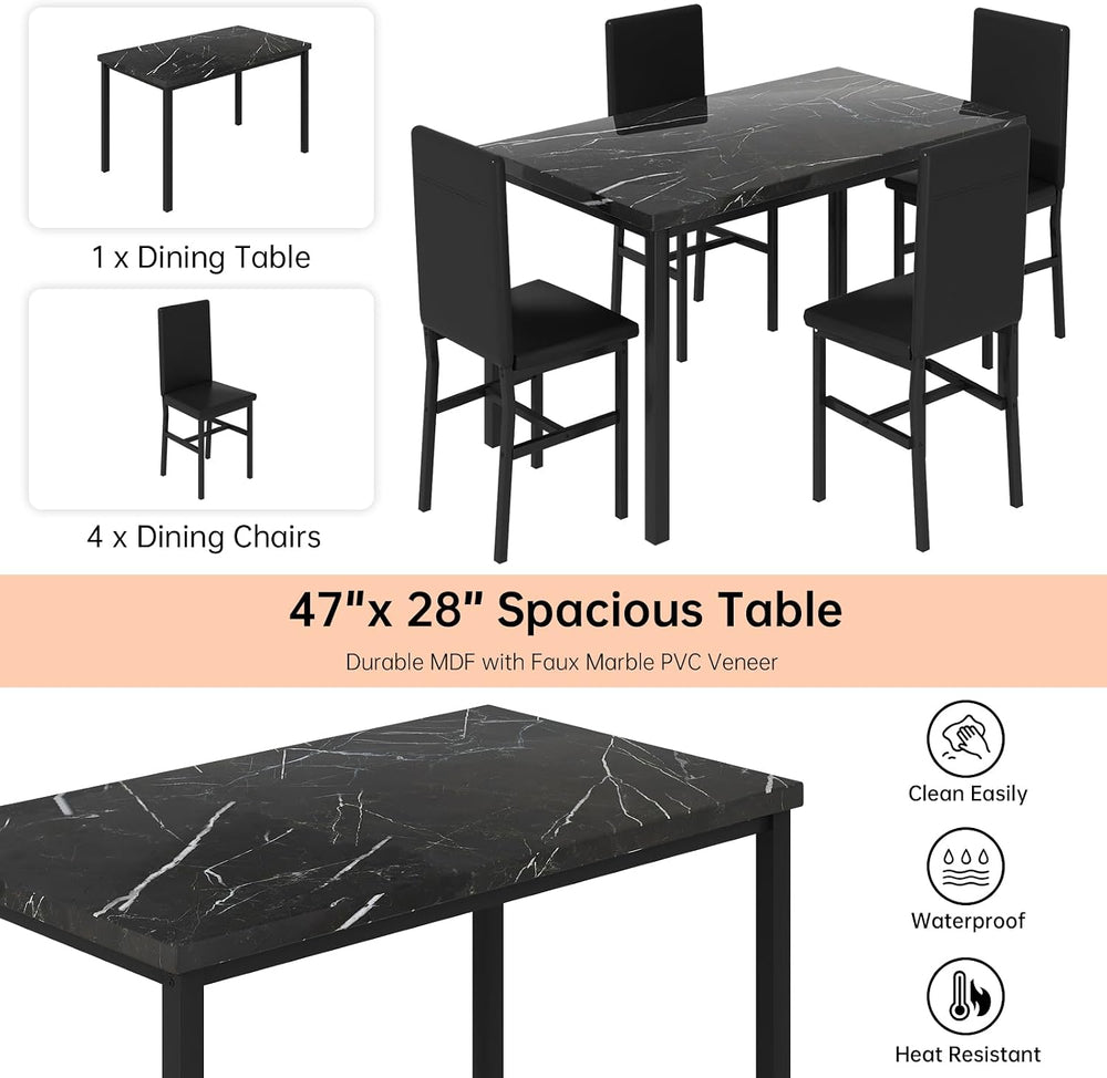 Hooseng Dining Table Set for 4, Modern Faux Marble Kitchen Table with 4 PU Le...