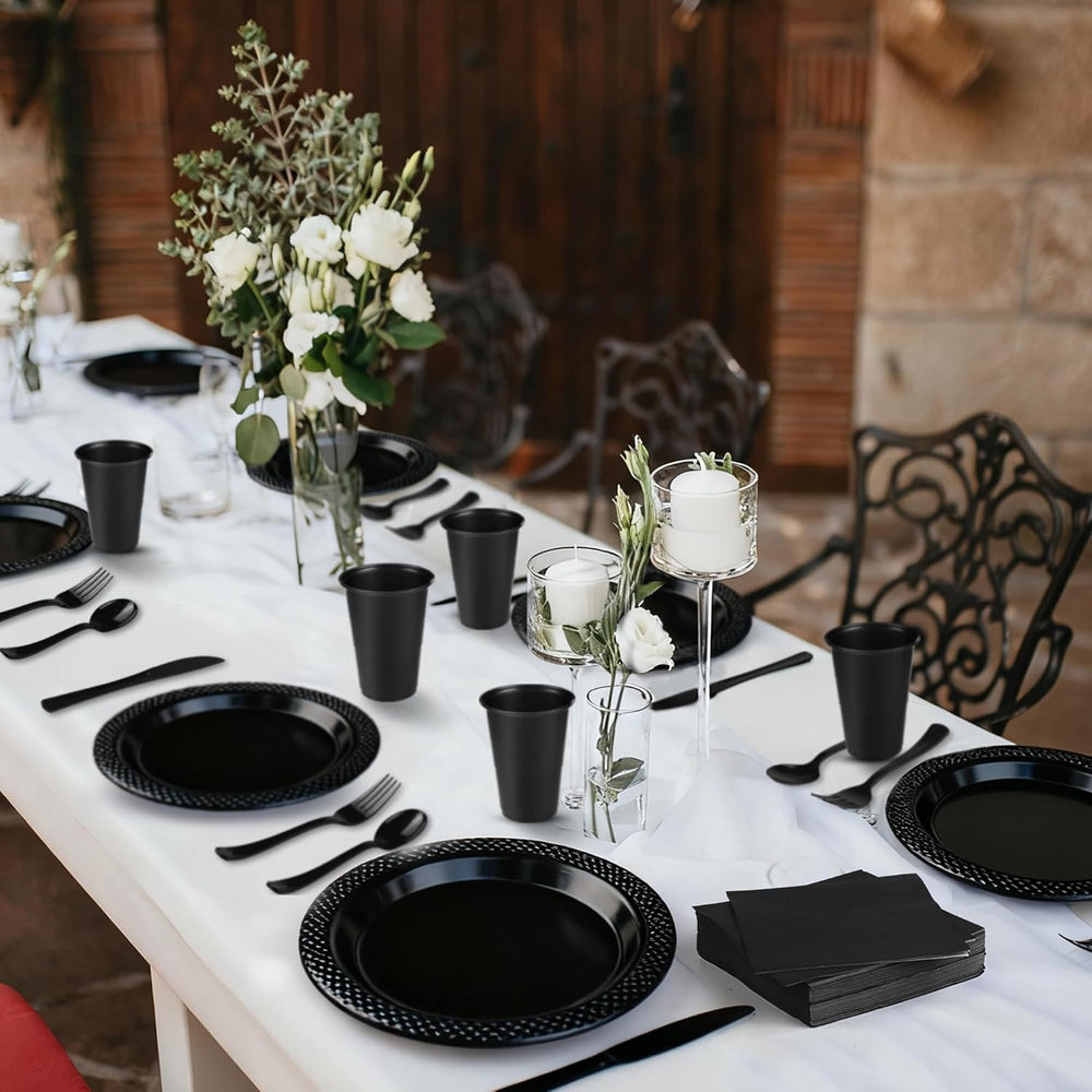 Kochorie 480 Pieces Black Plastic Dinnerware Set for 60 Guests Disposable Hea...