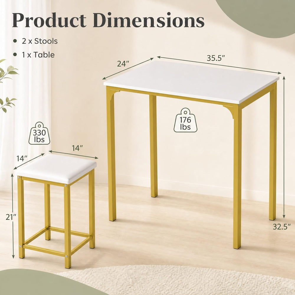 COSTWAY Dining Table Set, Counter Height Table & 2 Upholstered Stools