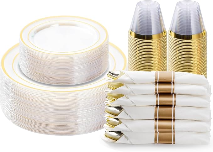 BESTVIP 175PCS Clear Gold Plastic Dinnerware Set, Disposable Party Plates for...