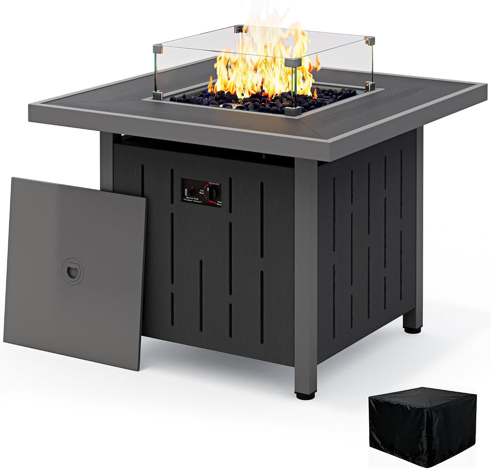 SERWALL 33" Square Outdoor Fire Pit Table with Lid, Black