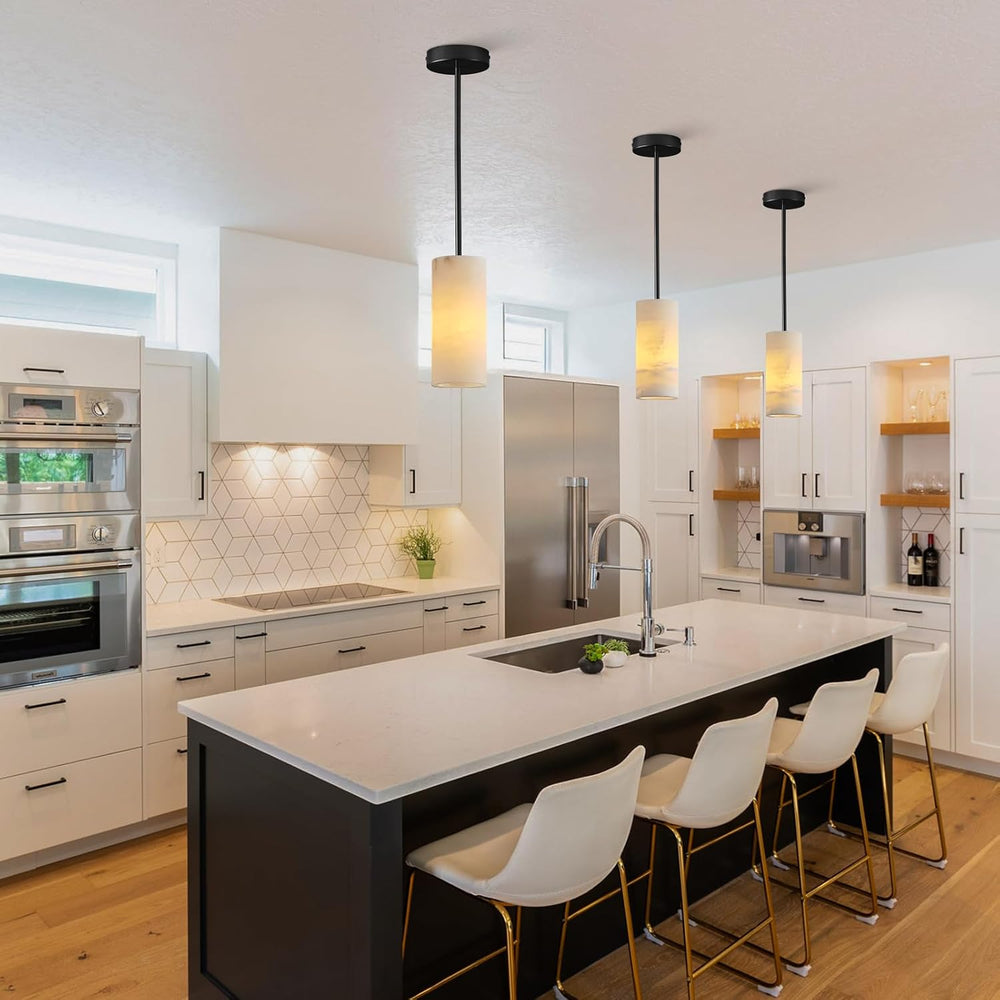 Alabaster Pendant Lights Kitchen Island, Black Hand Carved Alabaster Cylinder...