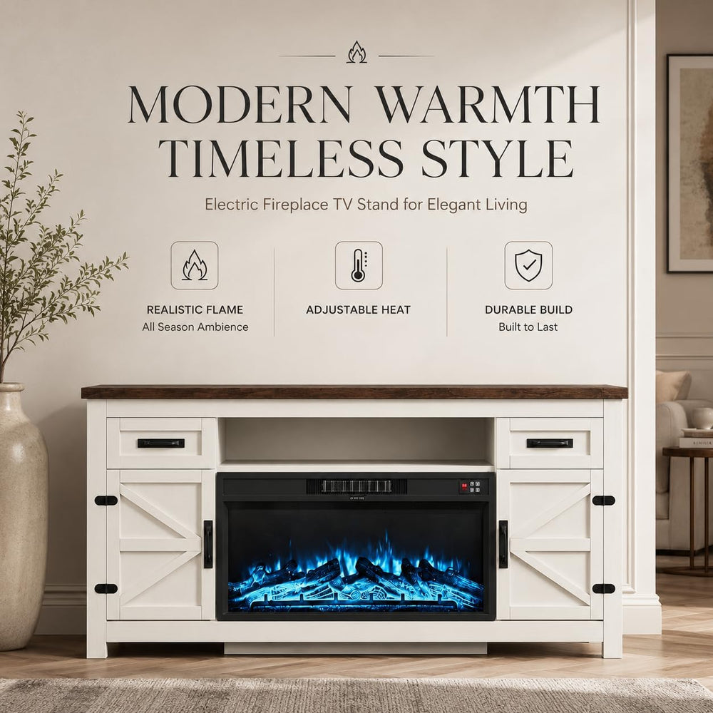 Fireplace TV Stand with Barn Door, 70 inch, White