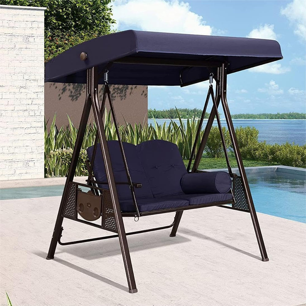 PURPLE LEAF Patio Swings 2-Seat with Canopy Thick Cushion Comfort Navy Blue