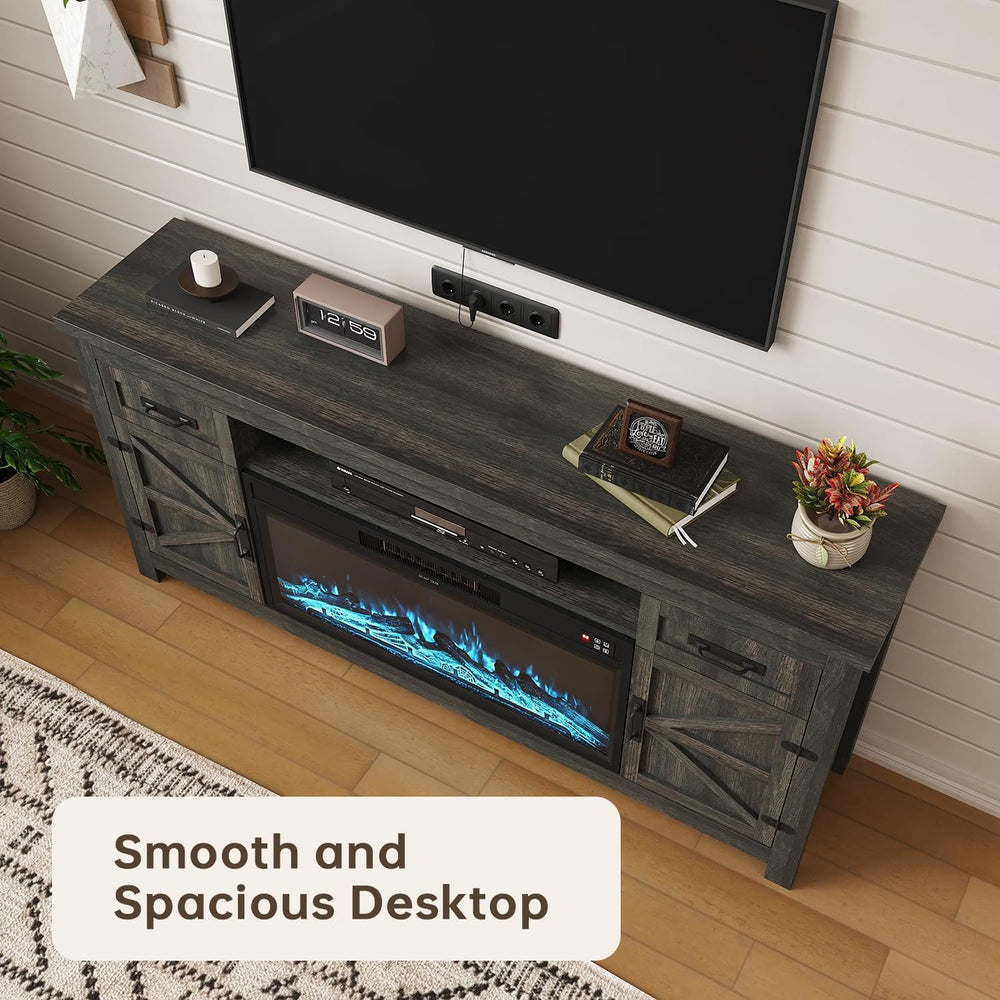 Fireplace TV Stand with Barn Door, 70 inch, Gray