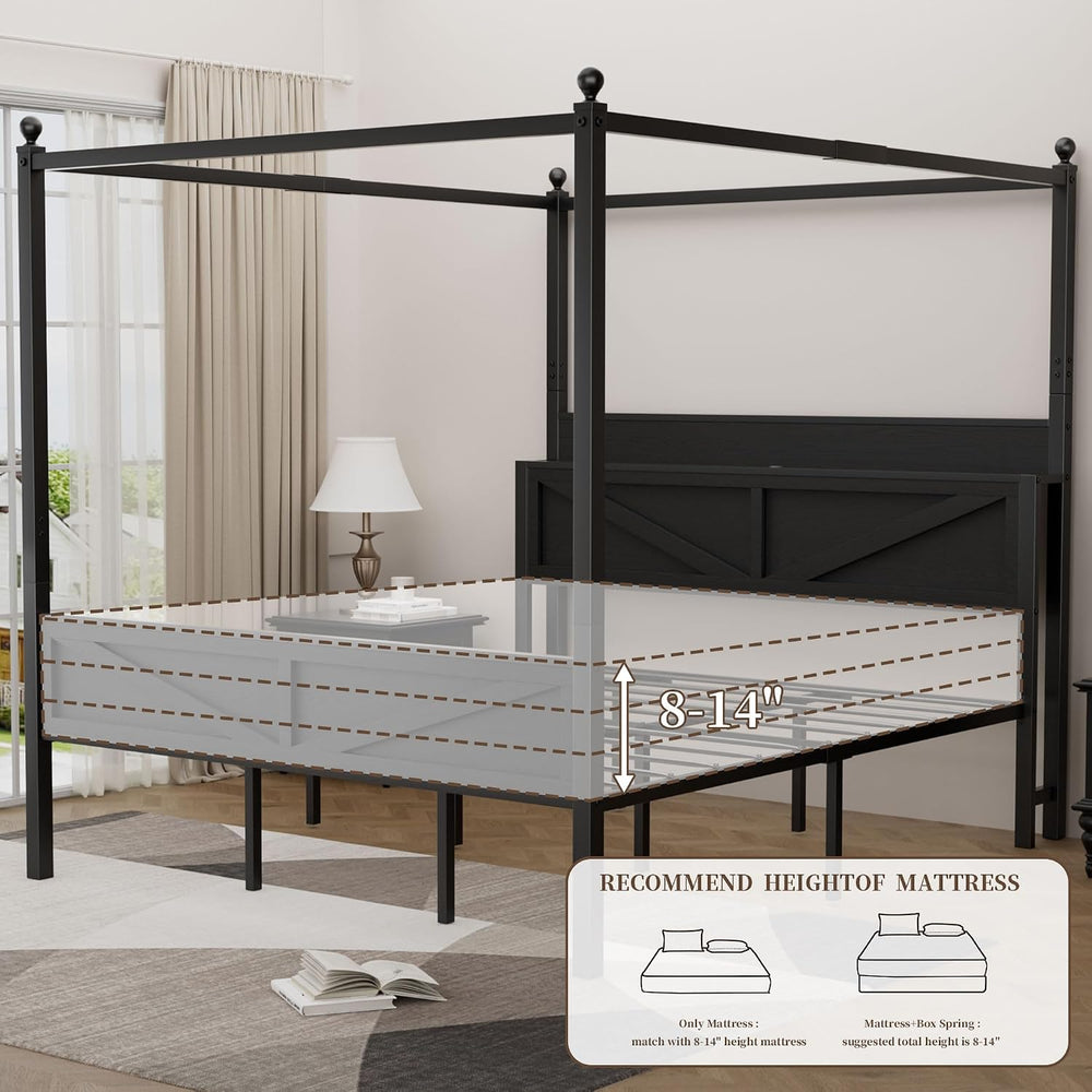 Canopy Bed Frame King Size with Barn Storage Headboard, Black‌