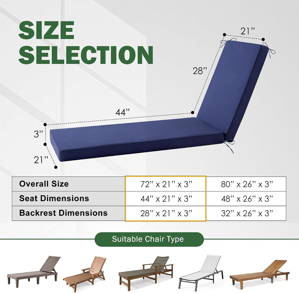 2 Pcs Chaise Lounge Cushions Outdoor, 72x 21x 3 Inch Waterproof & Fade-Re...