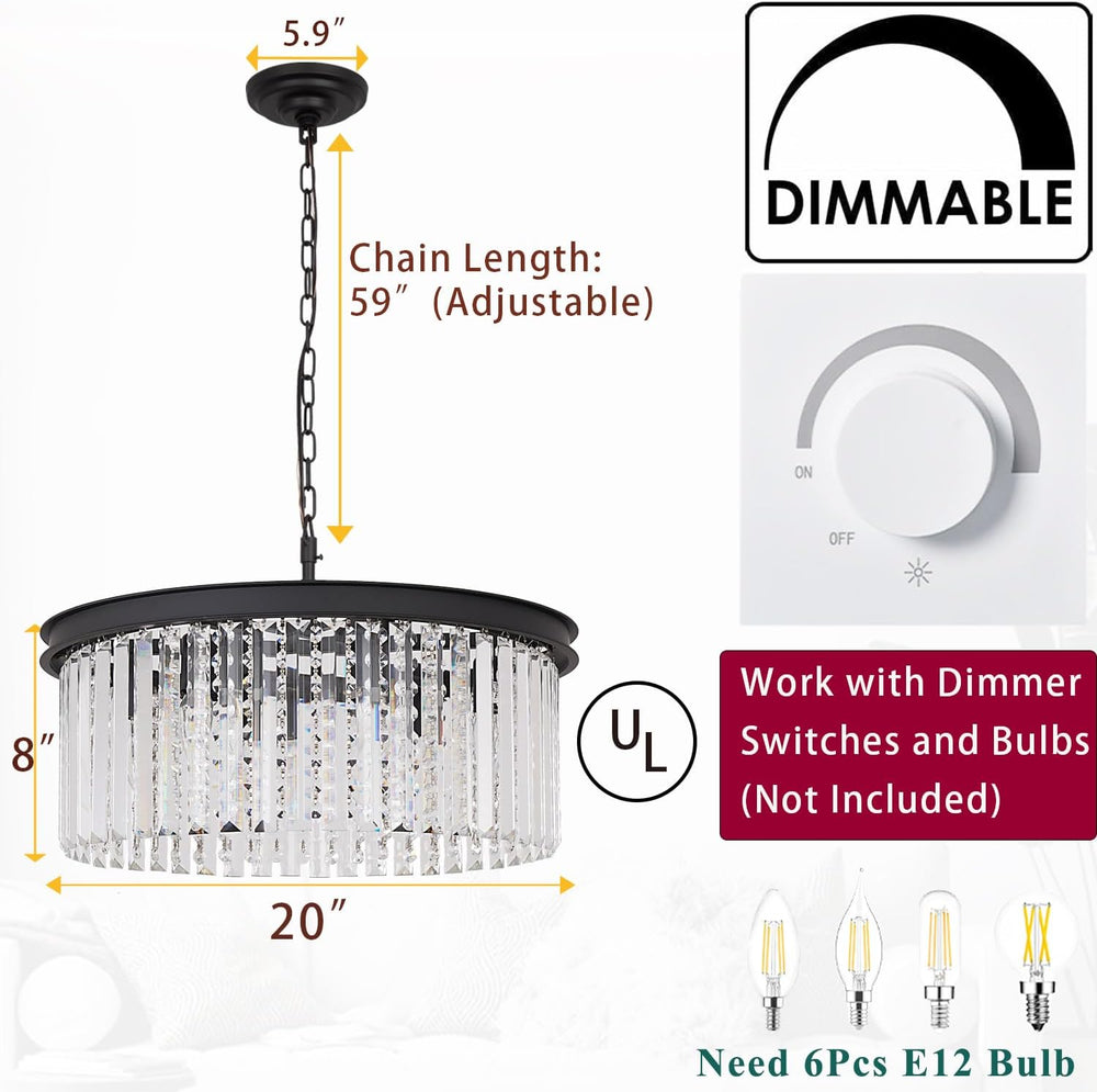 Modern Black Crystal Chandelier, 20" Small Pendant Lighting Fixture