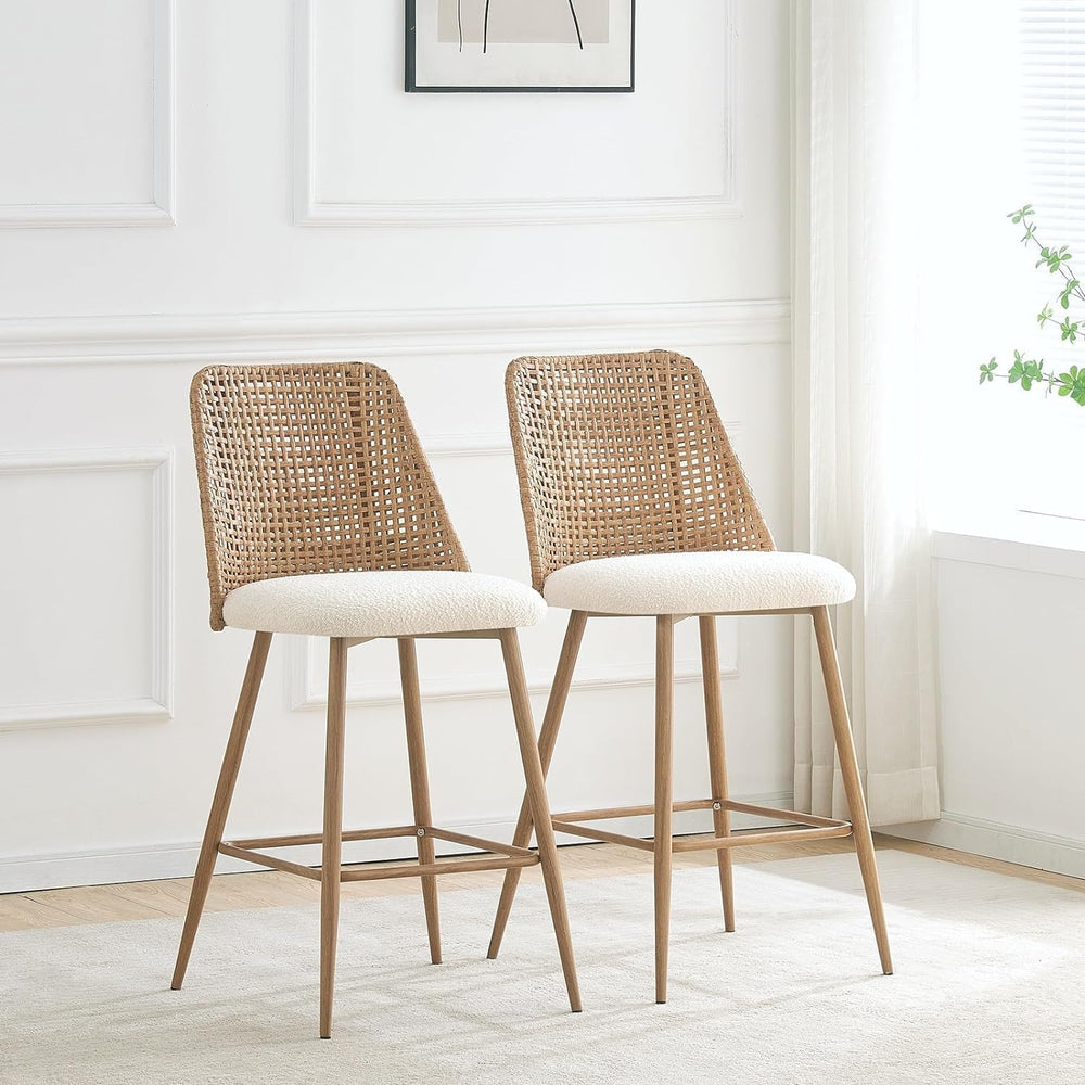 Rattan Counter Height Bar Stools Set of 2, 26" Boucle Fabric Upholstered...