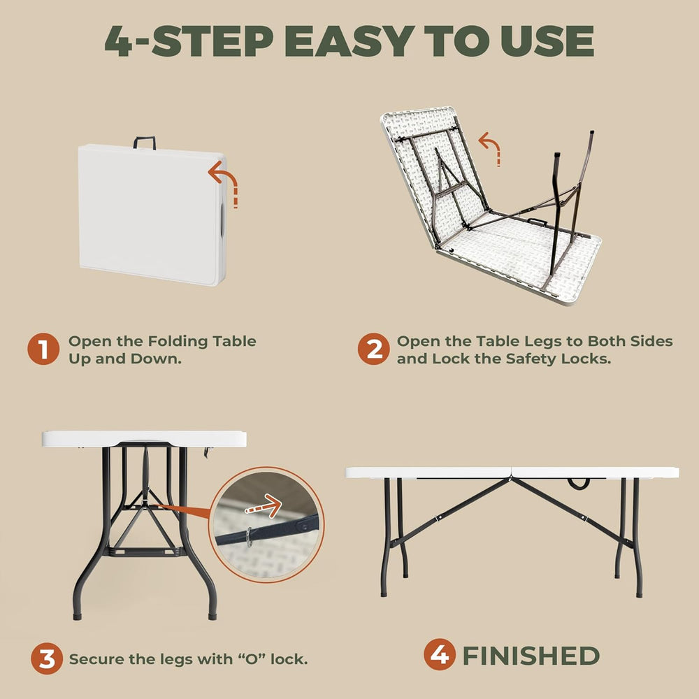 2-Pack 6 Feet Foldable Table, Heavy Duty Steel Legs with Built-in Handle, Eas...