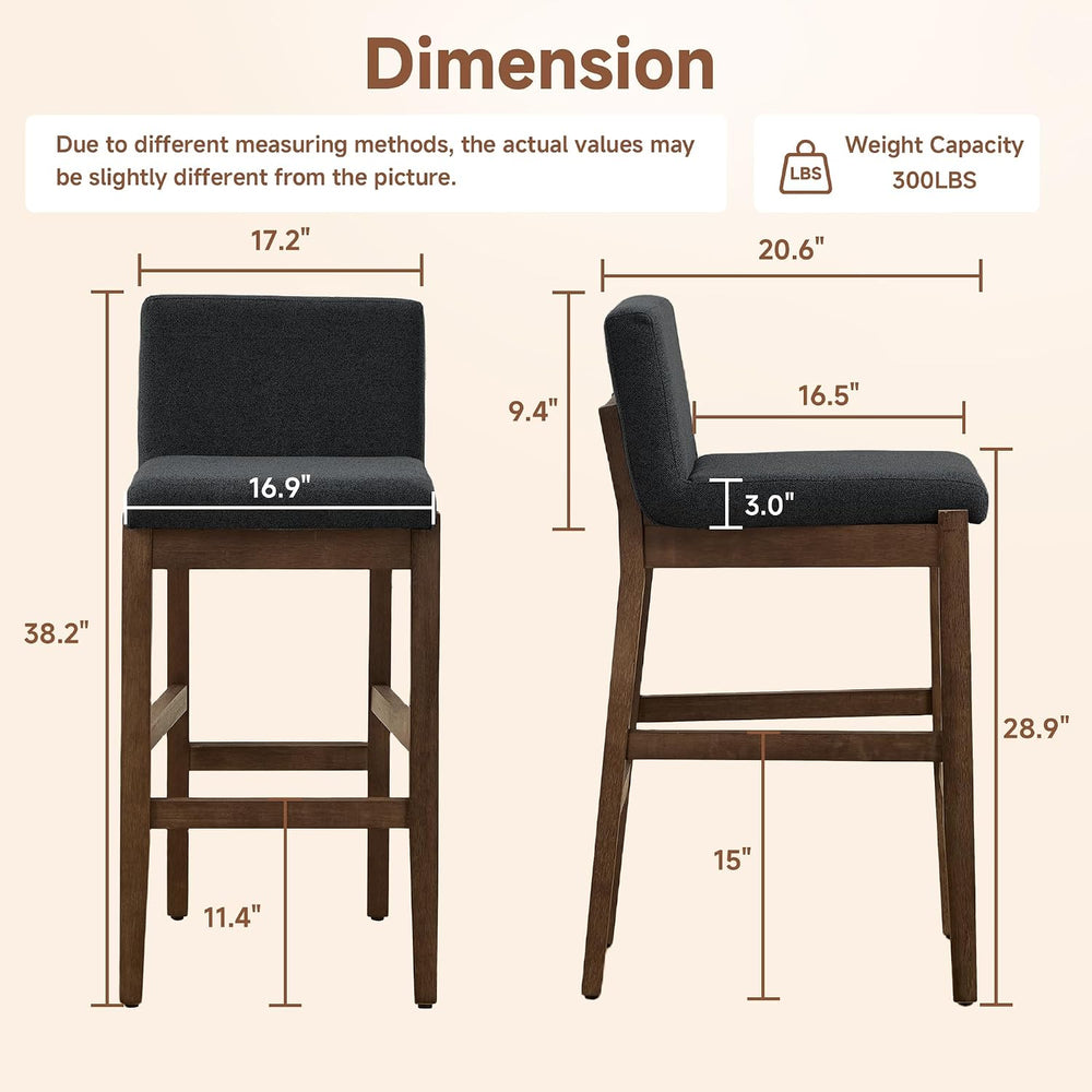 28.9 Inch Bar Stools Set of 2, Counter Height Bar Stools with Backs, Comforta...