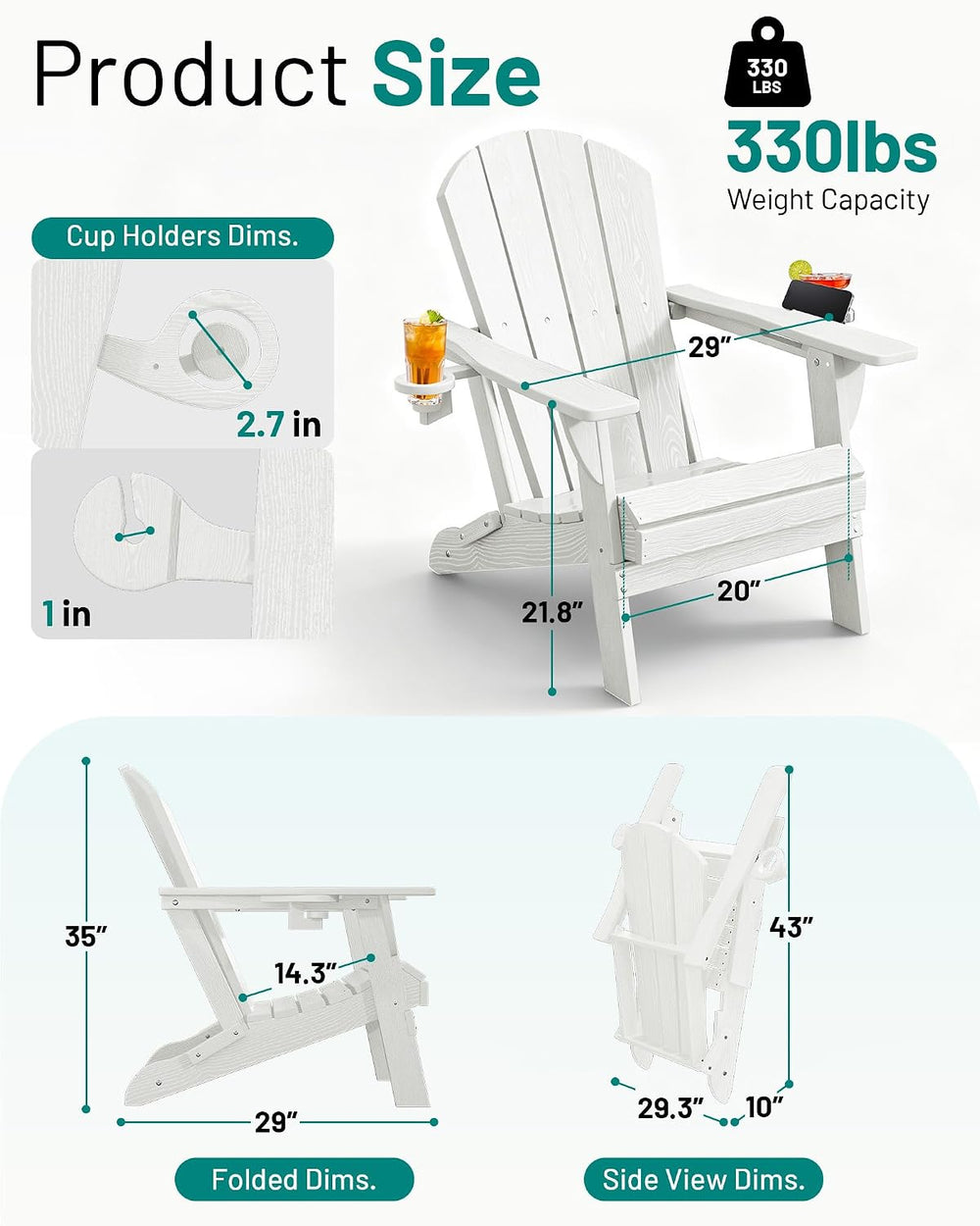 PLUUV Folding Adirondack Fire Pit Chairs Set of 6 with Cup Holders,White