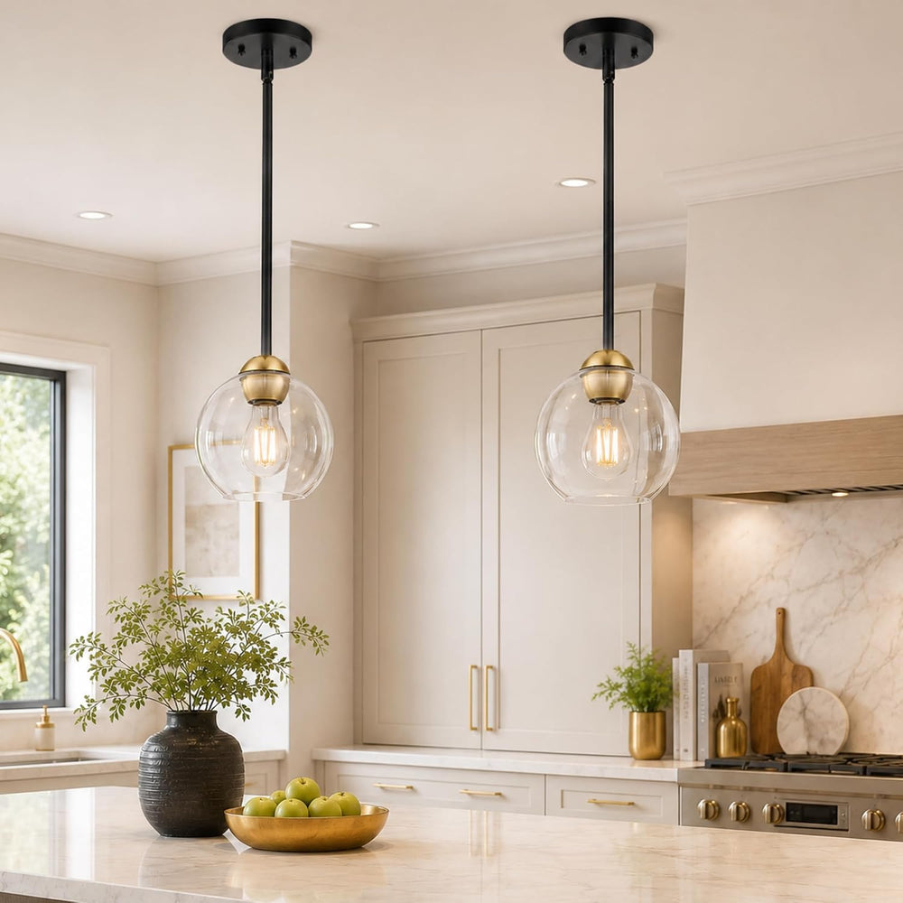 Emak 2 Pack Black and Gold Pendant Light Fixtures, Modern 7 Inch Globe Pendan...