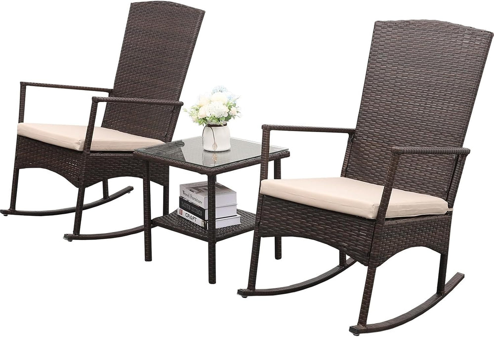 Outdoor HDPE Wicker Rocking Chair 3-Piece Patio Rattan Bistro Set 2 Rocker Ar...