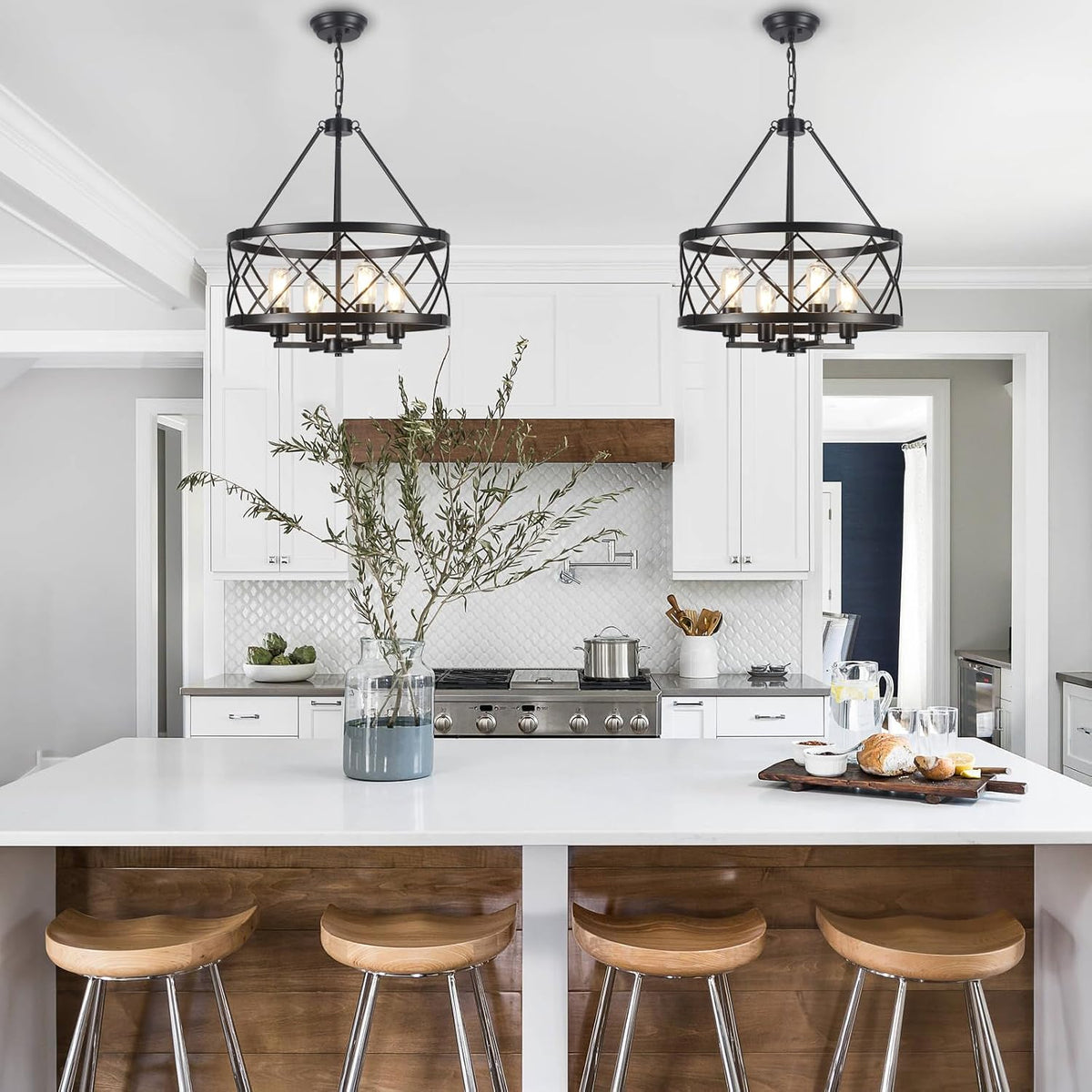 17.7" black farmhouse chandelier, 4-light modern drum pendant shown in use