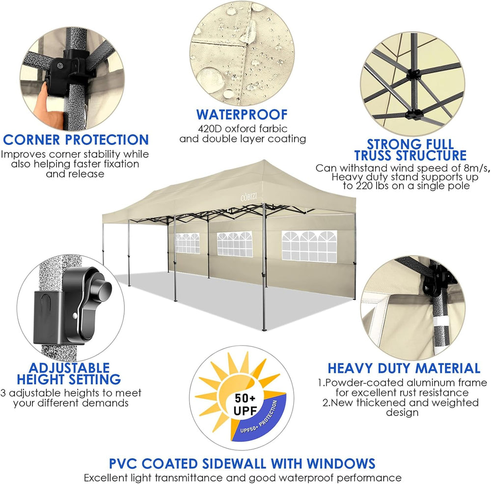 COBIZI 10x30 Heavy Duty Pop Up Canopy Tent with Sidewalls, Easy Up Canopy