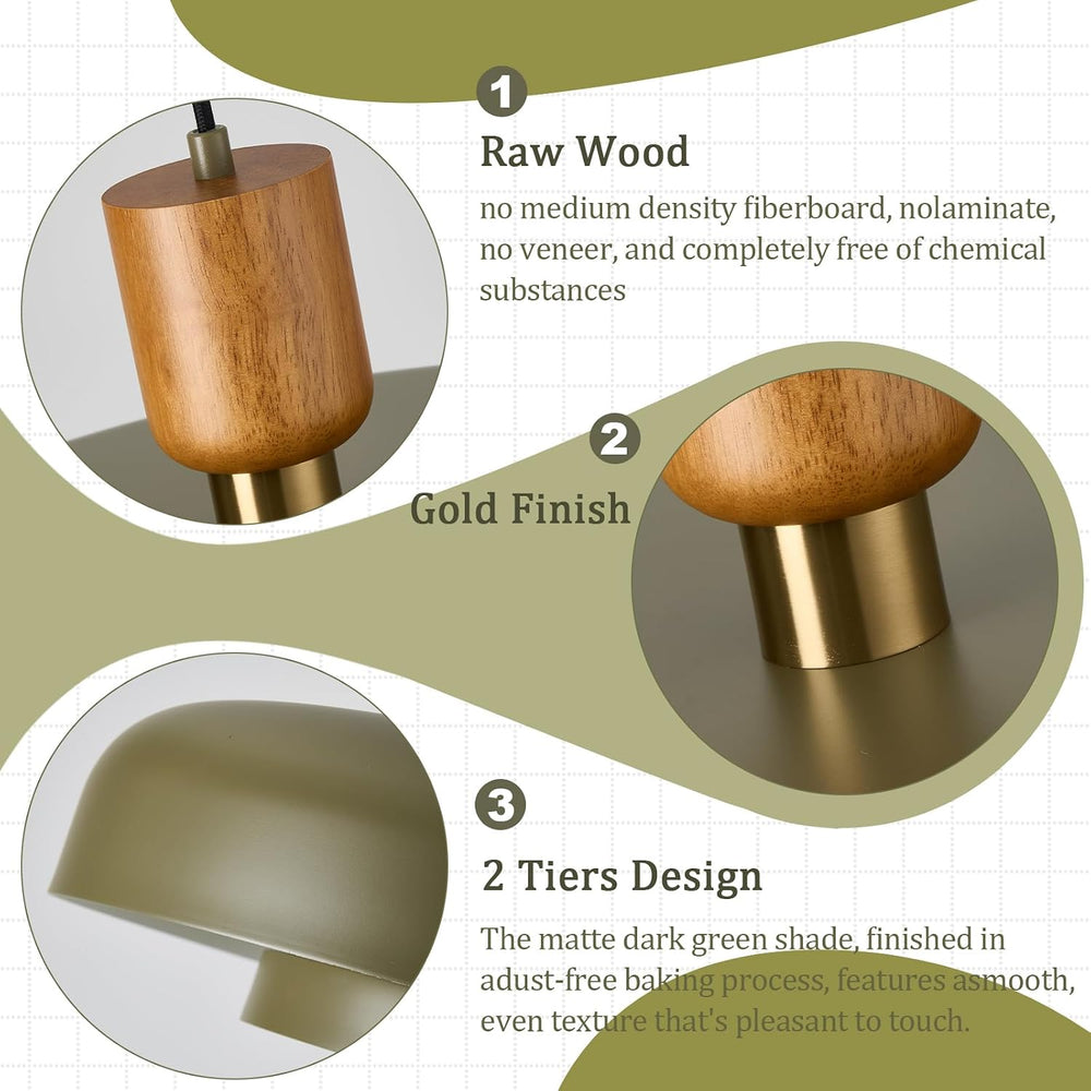Mid Century Pendant Light 19.68", Natural Wood Brass, Deep Green