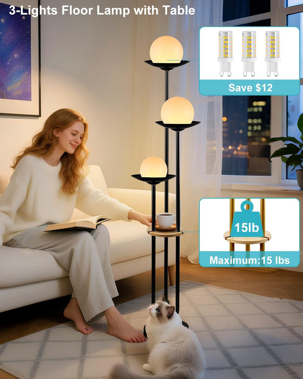 63IN Globe Floor Lamp with Table, 3-Lights Modern Dimmable Floor Lamps with 3...