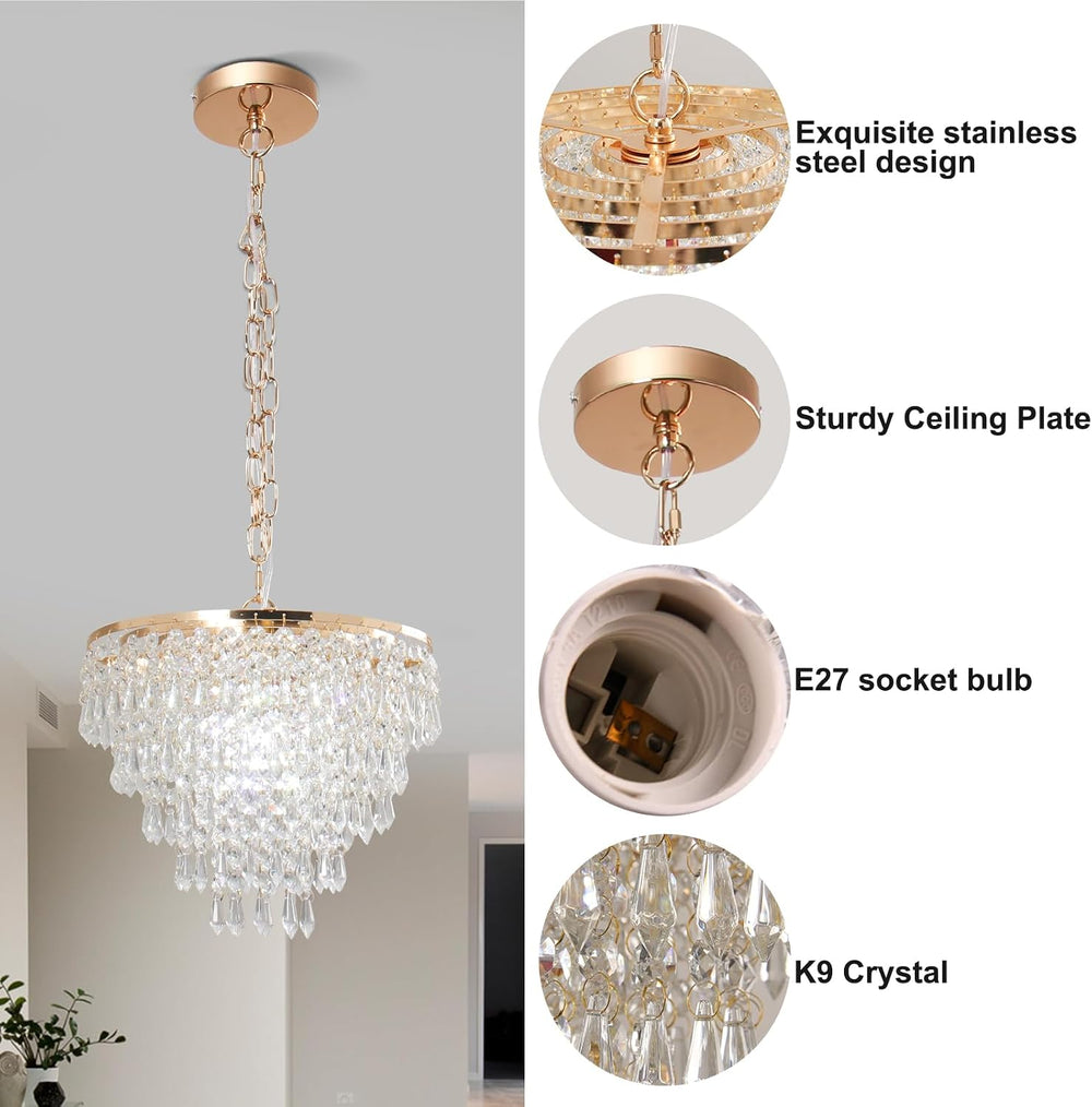FRIXCHUR Gold Crystal Chandelier, Semi Flush Pendant Light, 11.8 in