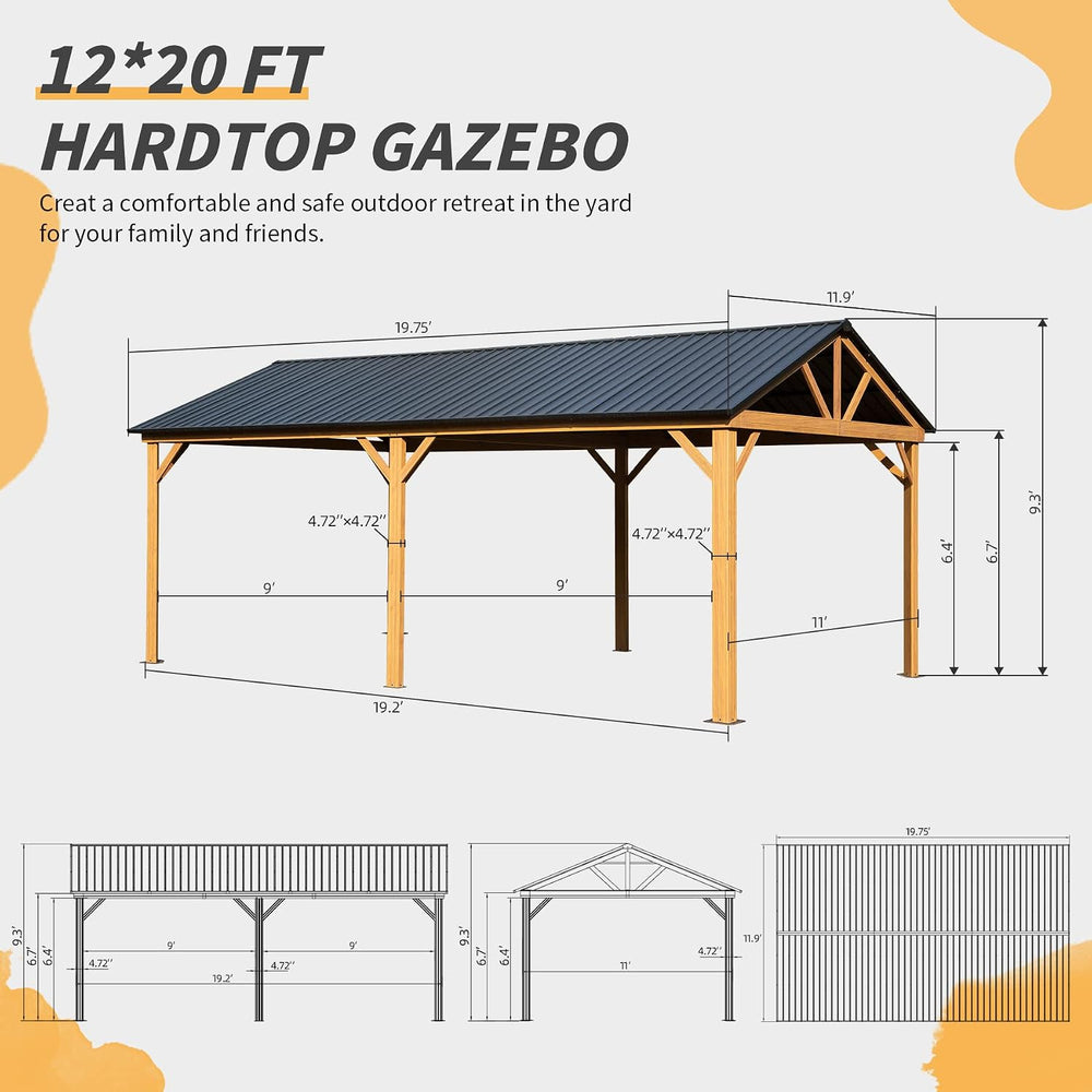 Domi 12’ x 20’ Hardtop Gazebo, Wooden Coated Aluminum Frame Canopy with Galva...