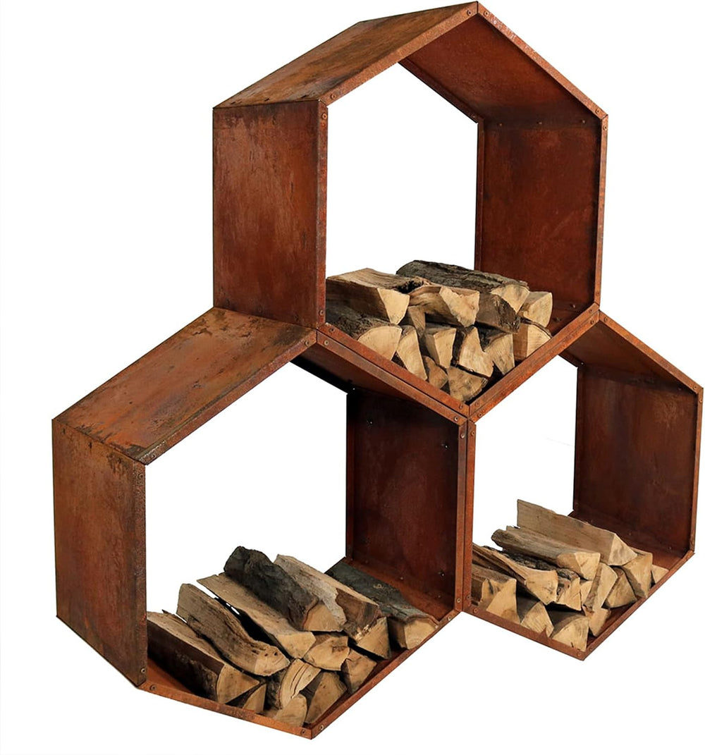 Sunnydaze Steel Outdoor Firewood Rack, 30” W, Hexagon, Bronze, Set of 3